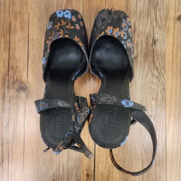 ASOS Design Peaked Platform High Heels Womens Size 9 Black Floral Chunky Shoes - Picture 6 of 11